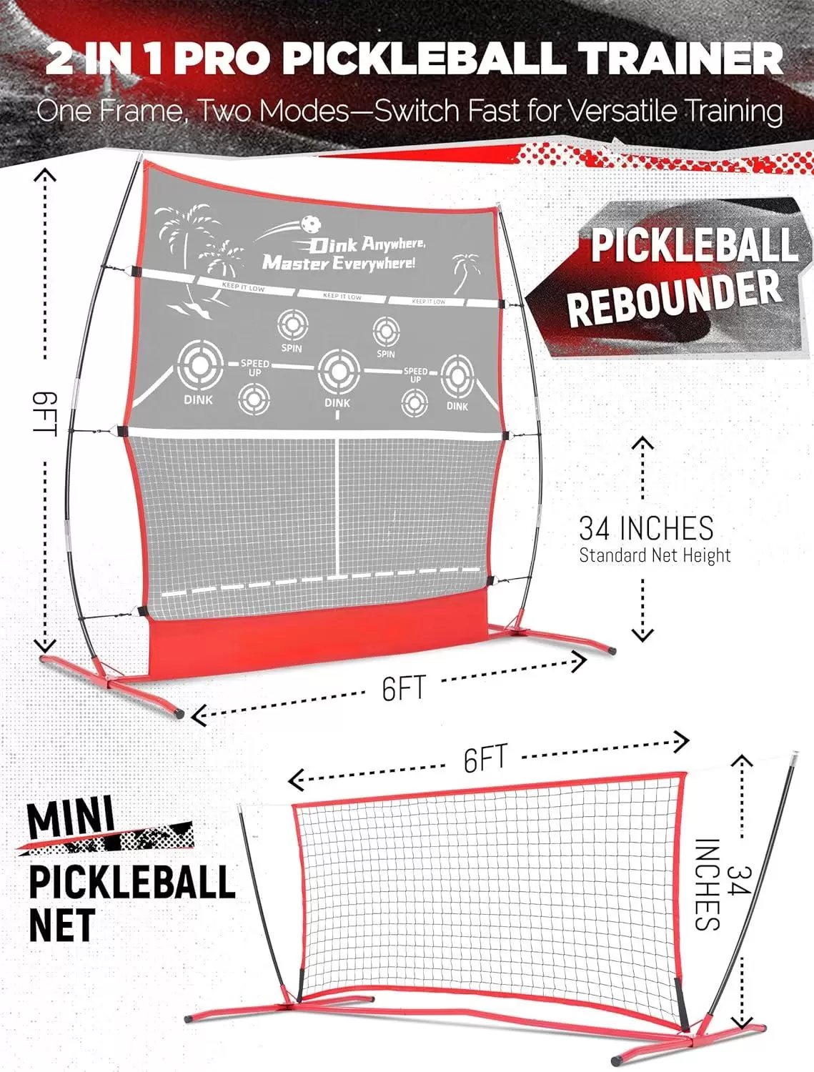 6*6FT 2-in-1 Pickleball-Rebounder-Netz