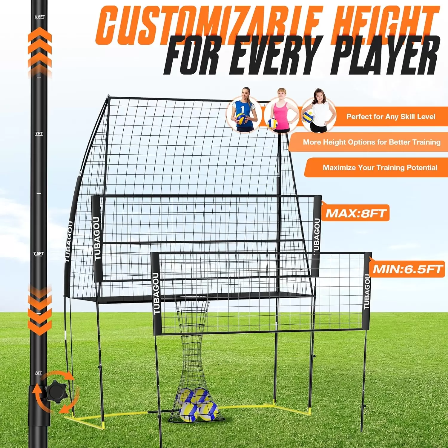 Volleyball-&Uuml;bungsnetz mit verstellbarer H&ouml;he und Ballr&uuml;cklauf